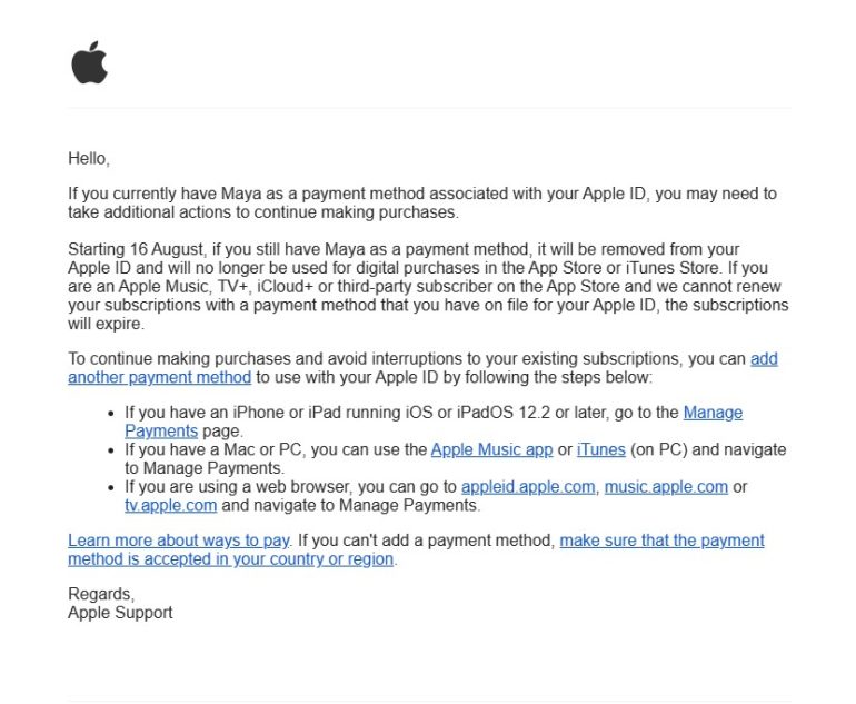 Apple Removes Maya as Payment Method