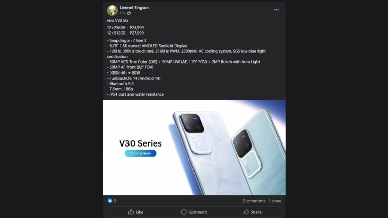 vivo V30 5G PH price leaked post