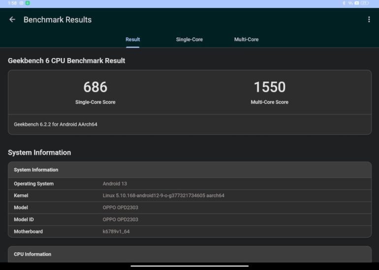 OPPO Pad Neo Review back panel Geekbench 6 benchmark