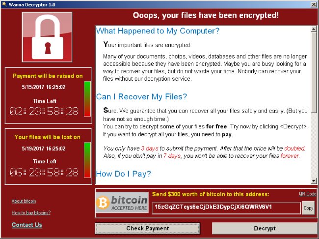 Ransom demand screen displayed by WannaCry Trojan