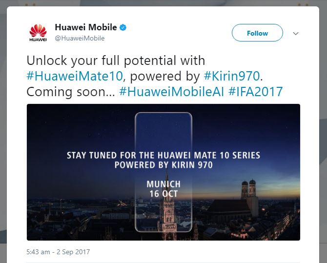 The Huawei Mate 10 Will be Unveiled on October 16