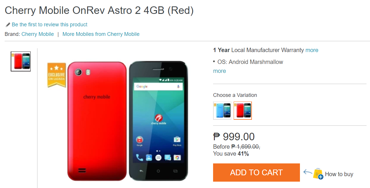 Lazada Flash Sale: Cherry Mobile OnRev Astro for Only PhP999!