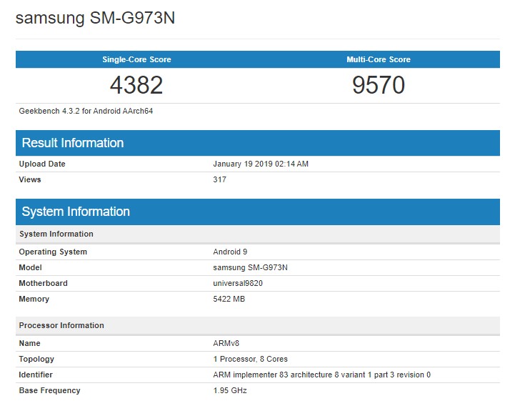 Samsung Galaxy S10 with Exynos 9820 Spotted in Geekbench