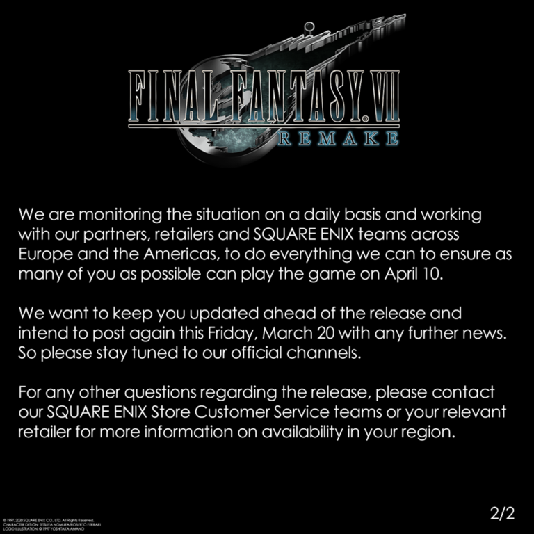 Official announcement from Square Enix places Final Fantasy 7 Remake physical copies in question due to COVID-19