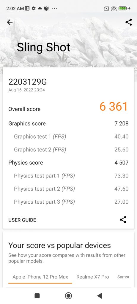 Xiaomi 12 Lite Review 3DMark Sling Shot Benchmark