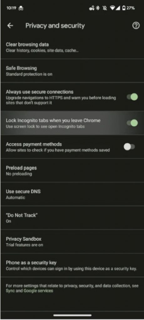Google Chrome Incognito Android - Settings