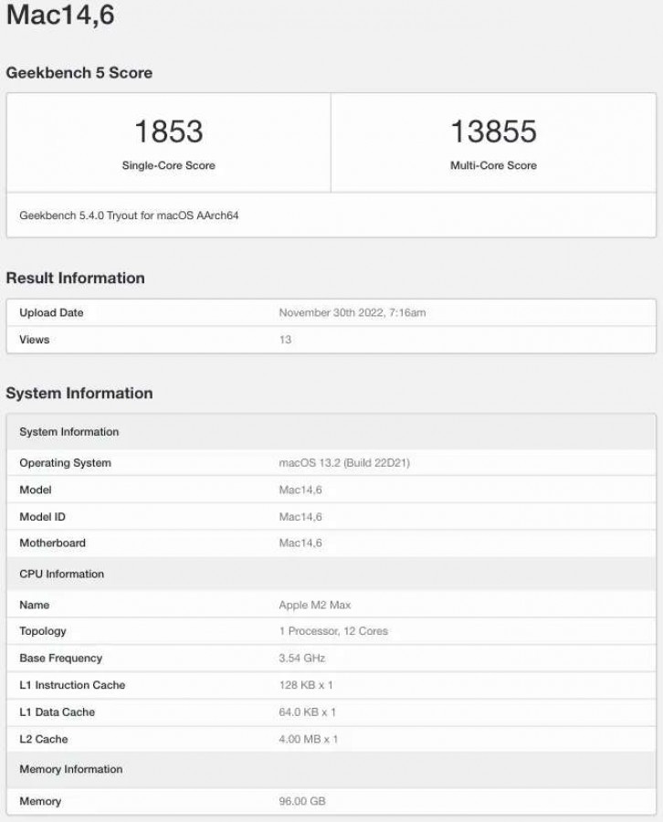 Apple M2 Max - Geekbench listing - 2