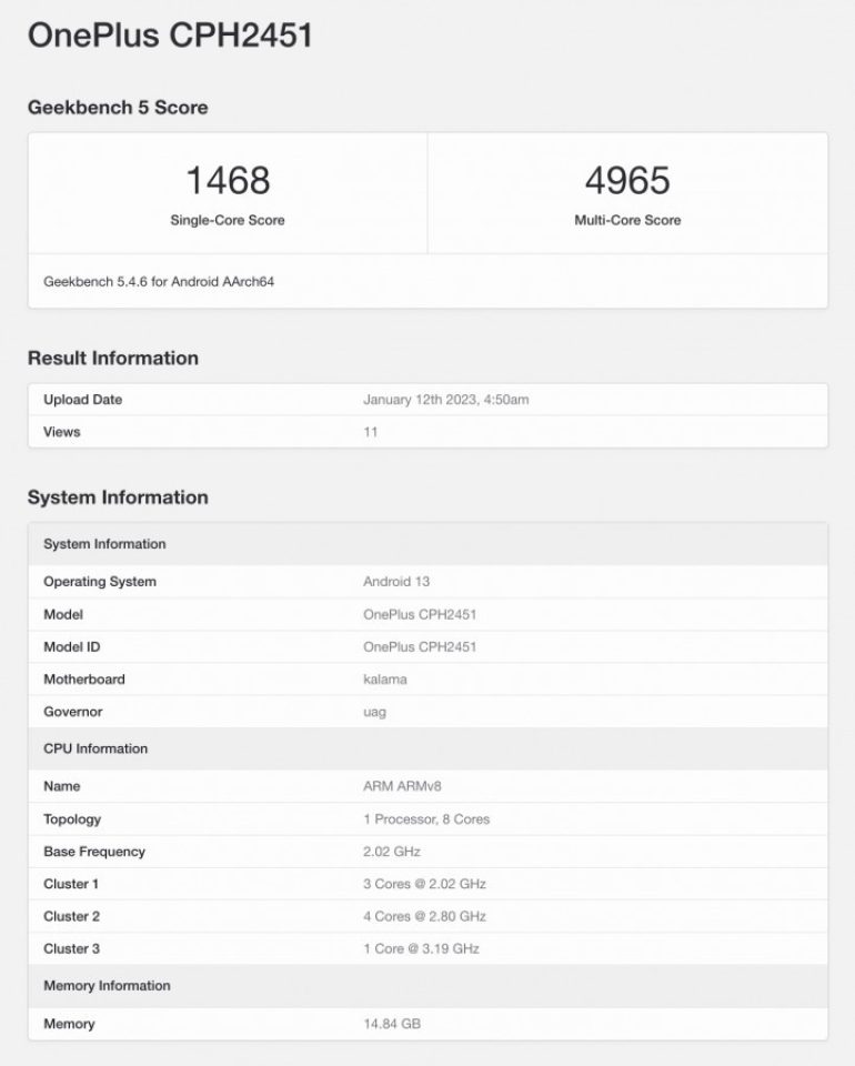 OnePlus 11 - Geekbench - listing