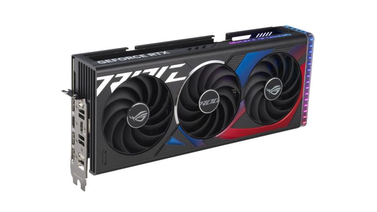 ROG-Strix-GeForce-RTX-4070-angled-top-down-view-highlighting-the-fans-ARGB-element-and-IO-ports