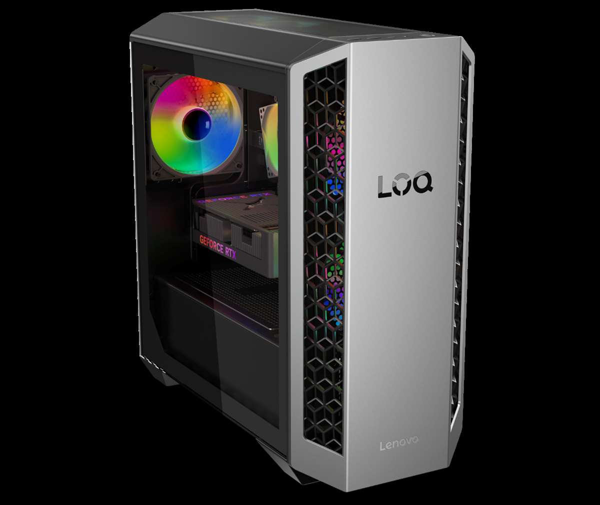 The Lenovo LOQ Tower 26ADR10 with transparent side panel and customizable ARGB