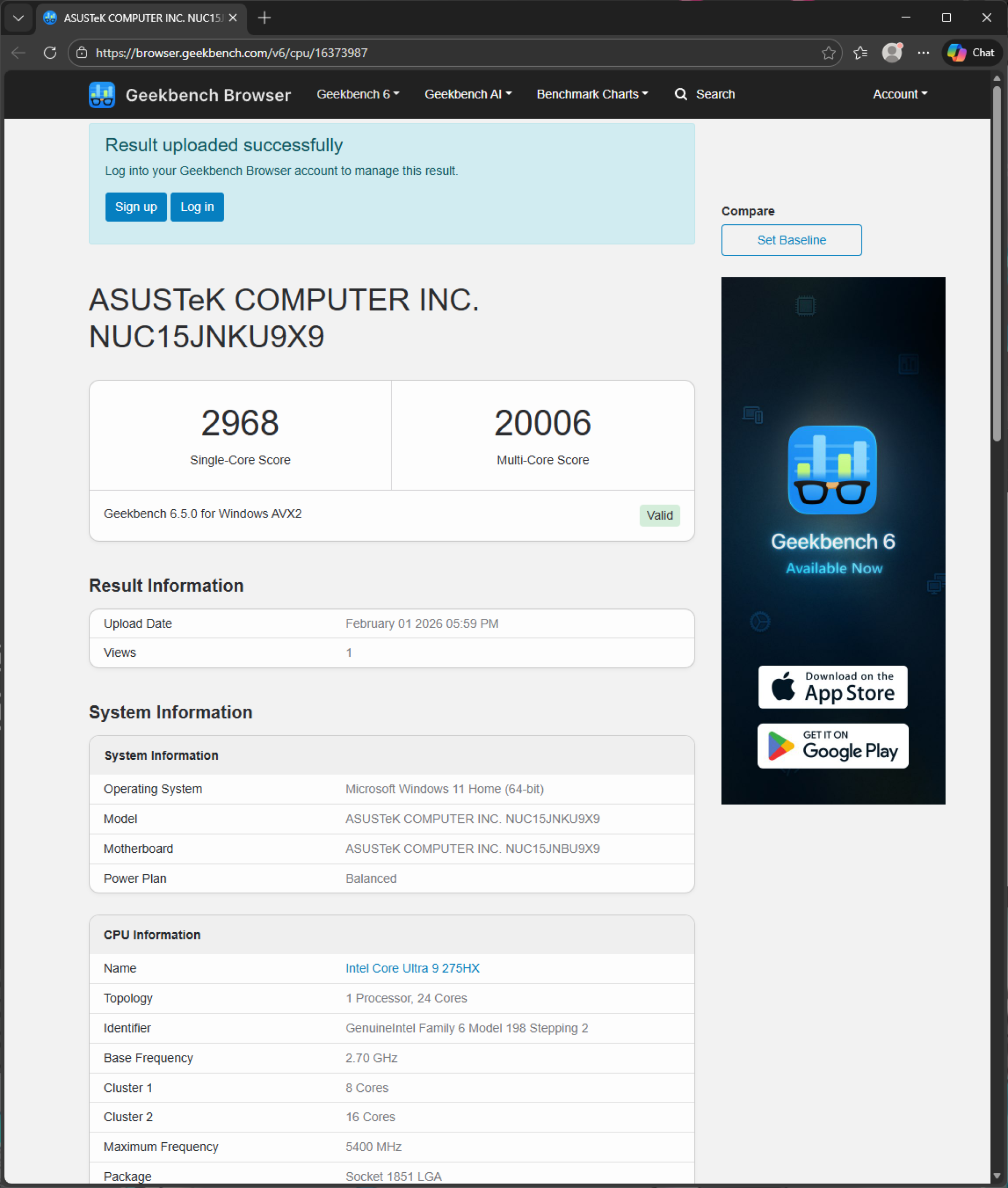 ASUS ROG NUC 2025 Review GeekBench 6