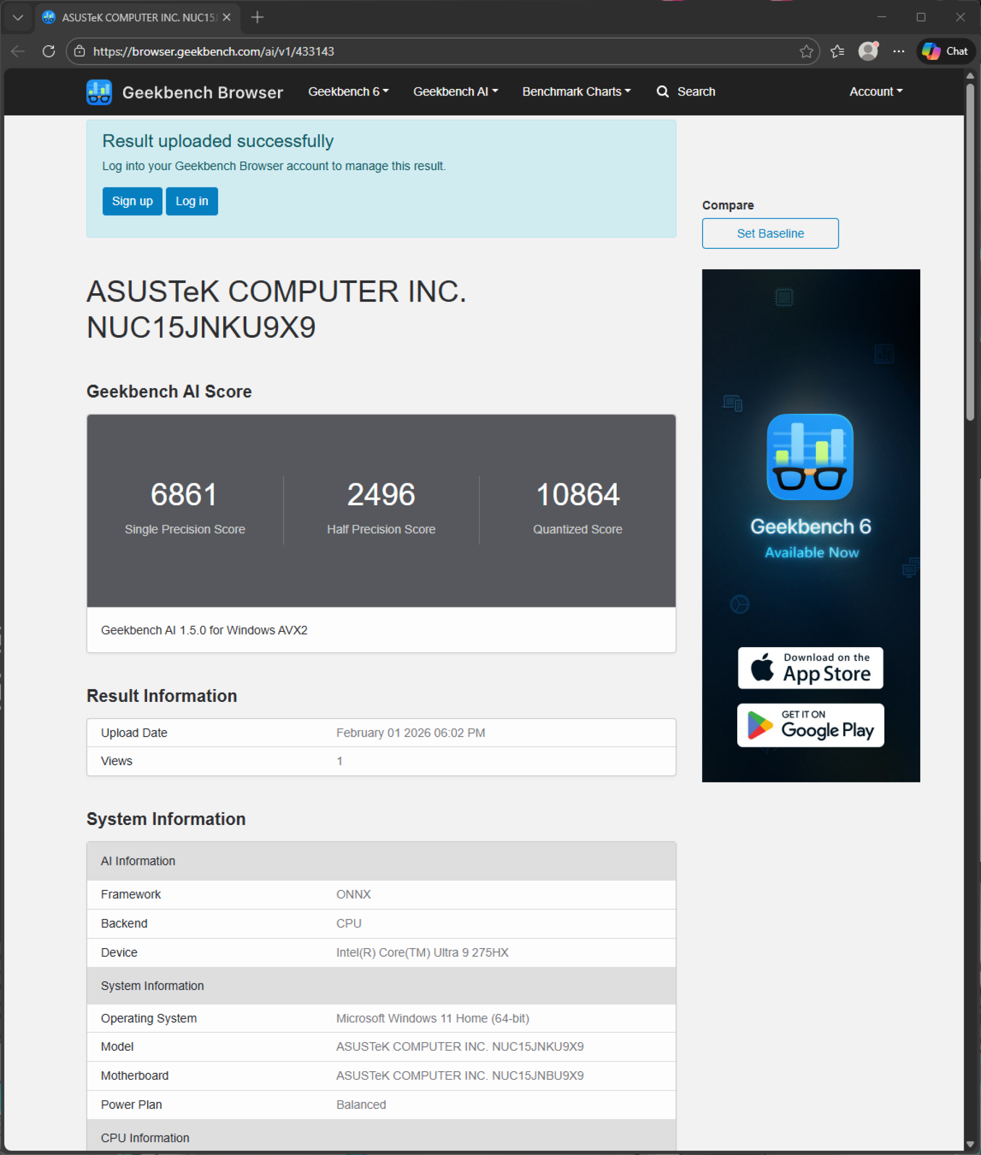 ASUS ROG NUC 2025 Review GeekBench AI